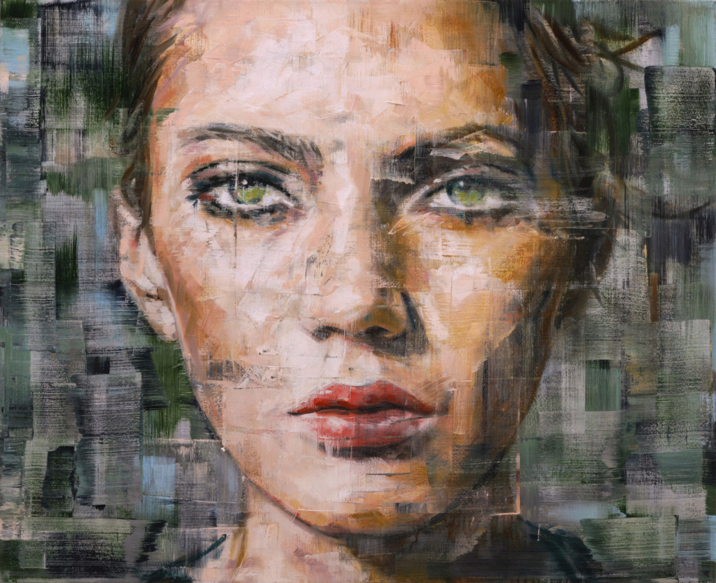 Textured oil painting of a woman's face with bold red lips, set against a fragmented green and grey background.