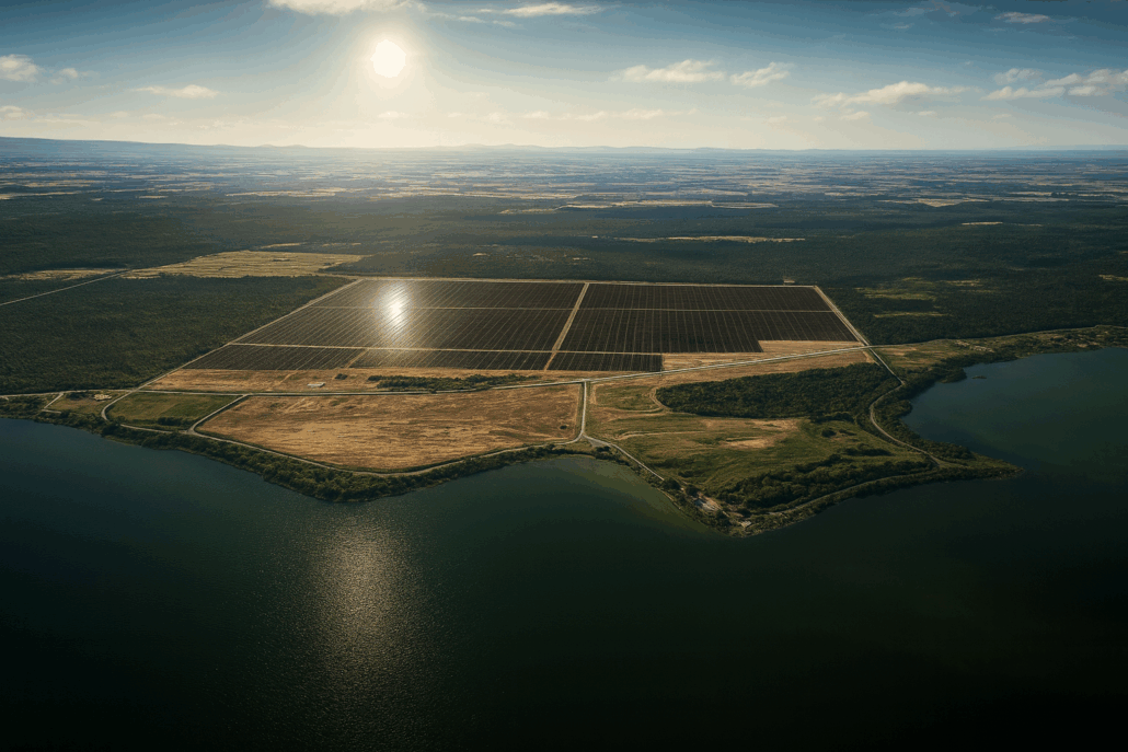 Aerial view of a large solar panel array beside a lake, sunlight glinting off the grid at midday.