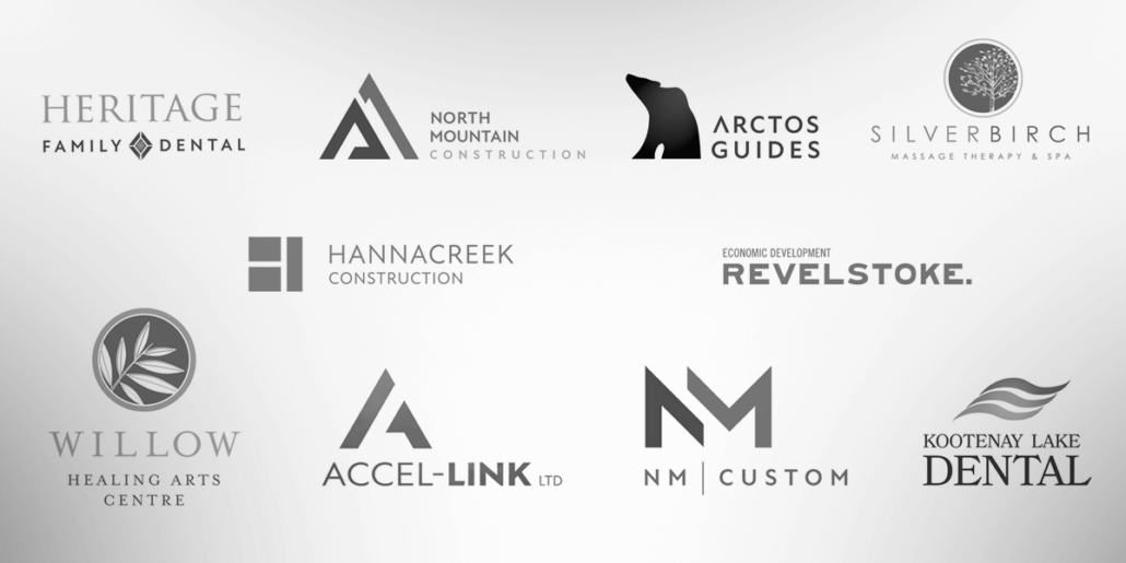Grid of grey and white logo designs for Kootenay clients like North Mountain, Arctos Guides, and NM Custom.